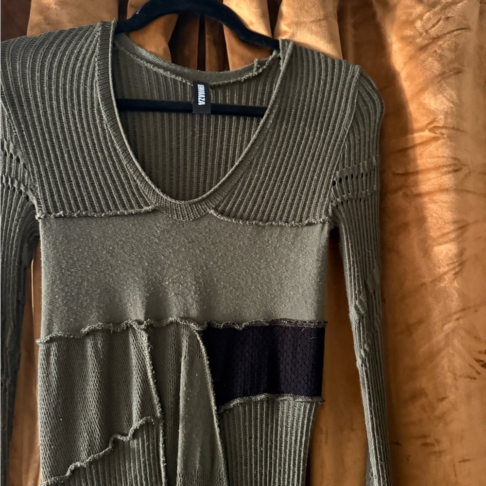 Olive Green V-Neck Sweater with Black Accent